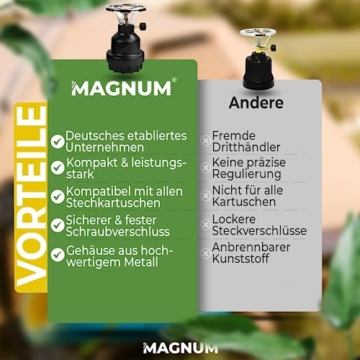 Magnum® Campingkocher inkl. 4 Gaskartuschen [Testnote: Sehr gut] Gaskocher schwarz - Camping Gaskocher stufenlos regulierbar - Gaskocher Camping (4 Kartuschen) - 7