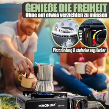 MAGNUM® Gaskocher inkl. 8 Kartuschen - Campingkocher mit Piezozündung - Camping Gaskocher stufenlos regulierbar - Gaskocher Camping 1-Flammig - 3