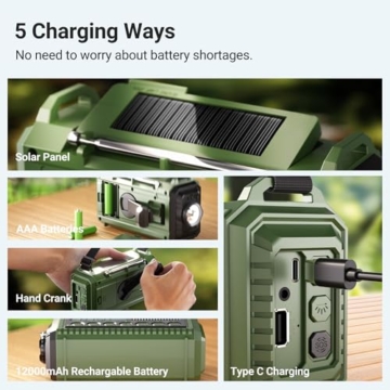 Mesqool Kurbelradio mit 12000mAh Powerbank, AM/FM/SW Notfallradio mit Weltempfänger, Taschenlampe & Leselicht, Tragbare Camping Radio Typ C Anschluss, SOS-Alarm Dynamo Radio für Wandern, Outdoor - 3