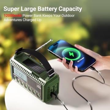 Mesqool Kurbelradio mit 12000mAh Powerbank, AM/FM/SW Notfallradio mit Weltempfänger, Taschenlampe & Leselicht, Tragbare Camping Radio Typ C Anschluss, SOS-Alarm Dynamo Radio für Wandern, Outdoor - 4