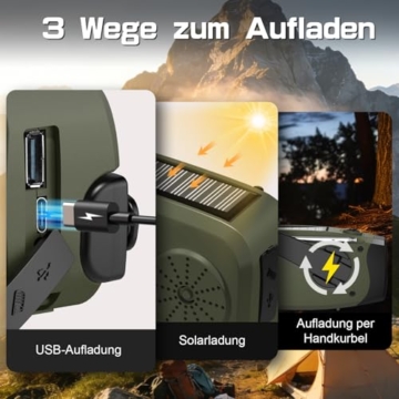 Notfall Kurbel Radio, 2000mAh/7400mWh Akku Kurbelradio Solar Batterie Power Bank USB AM/FM Radio mit SOS-Alarm Taschenlampe, 3-Wege-Laden Notfallradio, Innen Außen Camping Klein Taschenradio - 3