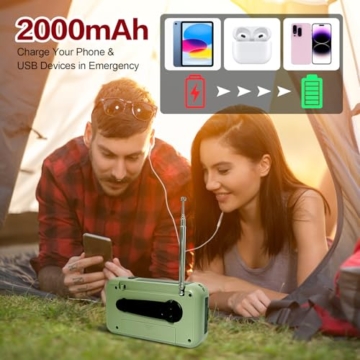 Notfall Radio, 3-Wege-Laden Emergency Radios, 2000mAh Akku Kurbelradio Solar Ladegerät Power Bank USB AM/FM-Radio mit SOS-Alarm Kopfhöreranschluss Taschenlampe, Innen Außen Camping Klein Taschenradio - 2