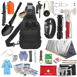 Notfallrucksack für Krisenvorsorge - Komplettes Survival Set mit Werkzeug, Feuerstarter, Erste-Hilfe-Set, Not Zelt UVM. - Ideal für Blackout, Flucht, Camping und Outdoor-Abenteuer Geschenk für Männer - 1