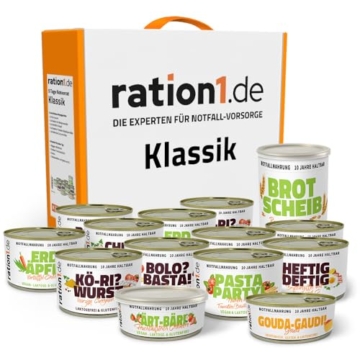ration1 Notration Fertigessen, Emergency Food 10 Jahre haltbar, Nudeln, Currywurst, Kartoffeln, Hähnchen Curry, Brot, Gouda, Aufstrich Erdbeere, Notfallnahrung, Outdoor, Camping, Trekking, Survival - 1