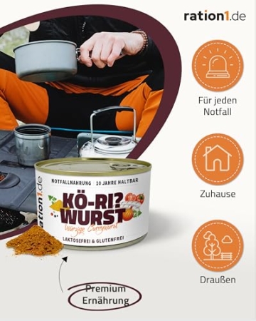 ration1 Würzige Currywurst 4x 400g , Fertiggerichte lange haltbar, leckere Bratwurst in Curry Sauce, laktosefrei & glutenfrei, Outdoor, Trekking Nahrung, Camping, Festival, Survival Notfallnahrung - 3