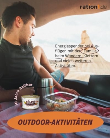 ration1 Würzige Currywurst 4x 400g , Fertiggerichte lange haltbar, leckere Bratwurst in Curry Sauce, laktosefrei & glutenfrei, Outdoor, Trekking Nahrung, Camping, Festival, Survival Notfallnahrung - 4