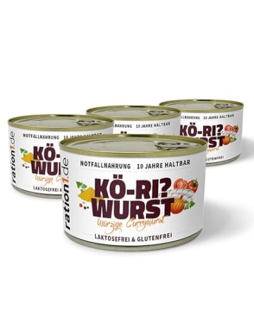 ration1 Würzige Currywurst 4x 400g , Fertiggerichte lange haltbar, leckere Bratwurst in Curry Sauce, laktosefrei & glutenfrei, Outdoor, Trekking Nahrung, Camping, Festival, Survival Notfallnahrung - 1