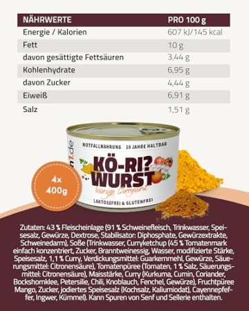 ration1 Würzige Currywurst 4x 400g , Fertiggerichte lange haltbar, leckere Bratwurst in Curry Sauce, laktosefrei & glutenfrei, Outdoor, Trekking Nahrung, Camping, Festival, Survival Notfallnahrung - 5