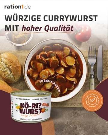 ration1 Würzige Currywurst 4x 400g , Fertiggerichte lange haltbar, leckere Bratwurst in Curry Sauce, laktosefrei & glutenfrei, Outdoor, Trekking Nahrung, Camping, Festival, Survival Notfallnahrung - 6