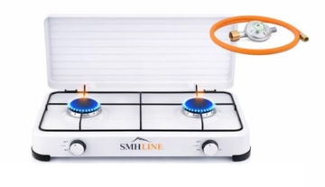 SMH LINE® Gaskocher Campingkocher 2 flammig inkl. Schlauch und Regler 50 mbar Gas Propangas 4,4 KW Kochfeld Camping Gasflasche Herd Outdoor Kocher Tischkocher XL - 2