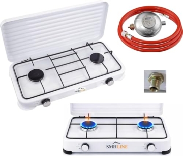 SMH LINE® Gaskocher Campingkocher 2 flammig inkl. Schlauch und Regler 50 mbar Gas Propangas 4,4 KW Kochfeld Camping Gasflasche Herd Outdoor Kocher Tischkocher XL - 1