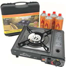 SMHLINE® Campingkocher Gaskocher Set inkl. 4x Gaskartuschen 227g Butan Gas Camping Herd Outdoor Tischgrill 1 flammig Piezozündung Tragekoffer - 1