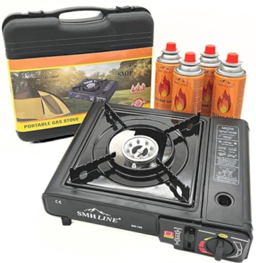 SMHLINE® Campingkocher Gaskocher Set inkl. 4x Gaskartuschen 227g Butan Gas Camping Herd Outdoor Tischgrill 1 flammig Piezozündung Tragekoffer - 1