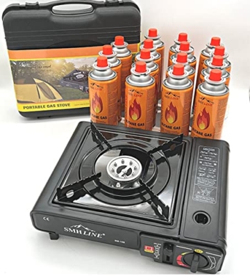 SMHLINE® Campingkocher Gaskocher Set inkl. 4x Gaskartuschen 227g Butan Gas Camping Herd Outdoor Tischgrill 1 flammig Piezozündung Tragekoffer - 6