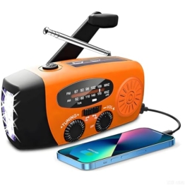 Solar Radio, Tragbar Kurbelradio Dynamo Radio mit AM/FM, Notfall Radio mit Kurbel, 2000mAh Wiederaufladbare Powerbank,LED Taschenlampe,USB-Handy-Lader für Camping Ourdoor orangefarben - 1