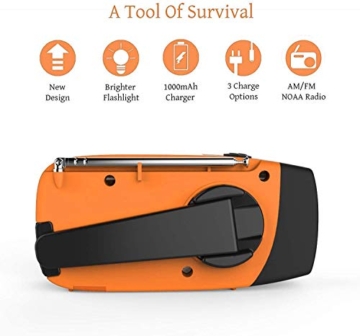 Solar Radio, Tragbar Kurbelradio Dynamo Radio mit AM/FM, Notfall Radio mit Kurbel, 2000mAh Wiederaufladbare Powerbank,LED Taschenlampe,USB-Handy-Lader für Camping Ourdoor orangefarben - 7