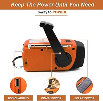 Solar Radio, Tragbar Kurbelradio Dynamo Radio mit AM/FM, Notfall Radio mit Kurbel, 2000mAh Wiederaufladbare Powerbank,LED Taschenlampe,USB-Handy-Lader für Camping Ourdoor orangefarben - 8
