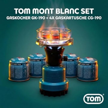 TOM Adventure Gas Campingkocher Set mit 4 x Butan Gaskartusche – 1 - flammig – Piezo-Zündung – Kartuschenkocher für Camping, Festivals & Outdoor Aktivitäten oder als Kohleanzünder - 2