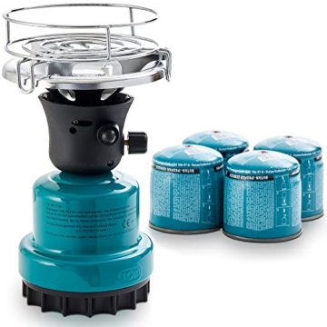 TOM Adventure Gas Campingkocher Set mit 4 x Butan Gaskartusche – 1 - flammig – Piezo-Zündung – Kartuschenkocher für Camping, Festivals & Outdoor Aktivitäten oder als Kohleanzünder - 1