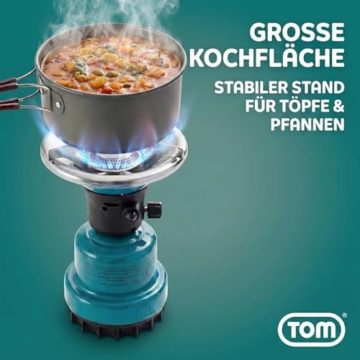 TOM Adventure Gas Campingkocher Set mit 4 x Butan Gaskartusche – 1 - flammig – Piezo-Zündung – Kartuschenkocher für Camping, Festivals & Outdoor Aktivitäten oder als Kohleanzünder - 5