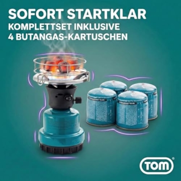 TOM Adventure Gas Campingkocher Set mit 4 x Butan Gaskartusche – 1 - flammig – Piezo-Zündung – Kartuschenkocher für Camping, Festivals & Outdoor Aktivitäten oder als Kohleanzünder - 6