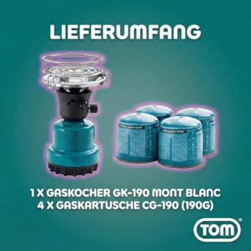 TOM Adventure Gas Campingkocher Set mit 4 x Butan Gaskartusche – 1 - flammig – Piezo-Zündung – Kartuschenkocher für Camping, Festivals & Outdoor Aktivitäten oder als Kohleanzünder - 9