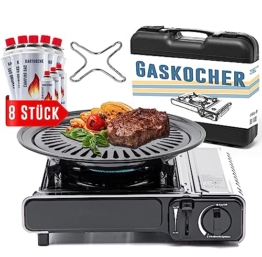 TruWare Gaskocher Set mit 8 Gaskartuschen, Grillplatte & Herdkreuz – Campingkocher mit 2,3 kW Leistung & Transportkoffer (edelstahl) - 1