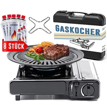 TruWare Gaskocher Set mit 8 Gaskartuschen, Grillplatte & Herdkreuz – Campingkocher mit 2,3 kW Leistung & Transportkoffer (edelstahl) - 1