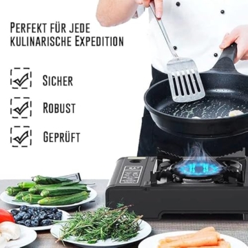 TruWare Gaskocher Set mit 8 Gaskartuschen, Grillplatte & Herdkreuz – Campingkocher mit 2,3 kW Leistung & Transportkoffer (edelstahl) - 8
