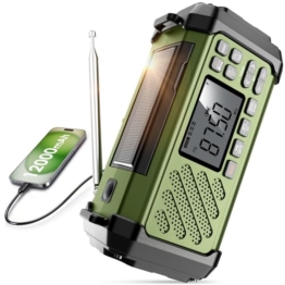 Vikeri Kurbelradio 12000mAh, Notfallradio mit Kurbel und Solar mit AM/FM/SW, Power Bank,LED Camping Licht,SOS Alarm,Kompass, USB-C Handyladung, Tragbare Radio mit Tragegurt für Notfall (Grün) - 1