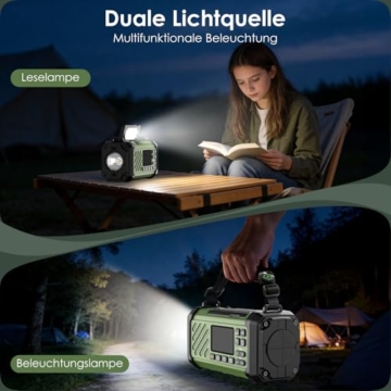 Vikeri Kurbelradio 12000mAh, Notfallradio mit Kurbel und Solar mit AM/FM/SW, Power Bank,LED Camping Licht,SOS Alarm,Kompass, USB-C Handyladung, Tragbare Radio mit Tragegurt für Notfall (Grün) - 5