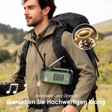 Vikeri Kurbelradio 12000mAh, Notfallradio mit Kurbel und Solar mit AM/FM/SW, Power Bank,LED Camping Licht,SOS Alarm,Kompass, USB-C Handyladung, Tragbare Radio mit Tragegurt für Notfall (Grün) - 7
