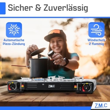 ZMC Camping Gaskocher 2-flammig inkl. Adapter für LPG Anschluss + 12 Gaskartuschen 227g + Aufbewahrungskoffer, Wärmeleistung: 2,5KW, Campingkocher mit Piezozündung für Outdoor und Innenraum - 2