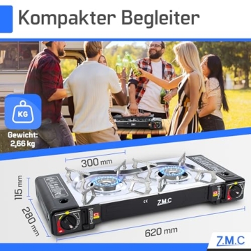 ZMC Camping Gaskocher 2-flammig inkl. Adapter für LPG Anschluss + 12 Gaskartuschen 227g + Aufbewahrungskoffer, Wärmeleistung: 2,5KW, Campingkocher mit Piezozündung für Outdoor und Innenraum - 3