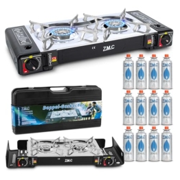 ZMC Camping Gaskocher 2-flammig inkl. Adapter für LPG Anschluss + 12 Gaskartuschen 227g + Aufbewahrungskoffer, Wärmeleistung: 2,5KW, Campingkocher mit Piezozündung für Outdoor und Innenraum - 1