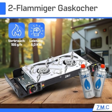 ZMC Camping Gaskocher 2-flammig inkl. Adapter für LPG Anschluss + 12 Gaskartuschen 227g + Aufbewahrungskoffer, Wärmeleistung: 2,5KW, Campingkocher mit Piezozündung für Outdoor und Innenraum - 4